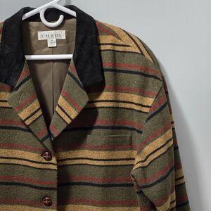 Vintage Josephine Chaus Blazer Wool Blend Green Tan Olive Size 16 Preppy 90s